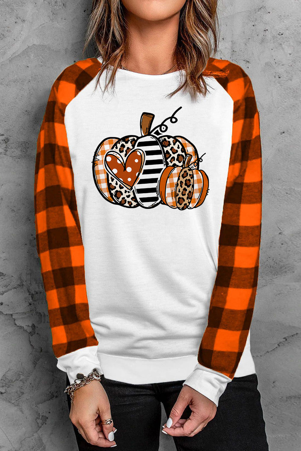 Pumpkin Graphic Round Neck Long Plaid Sleeve Tee – Willow & Moss